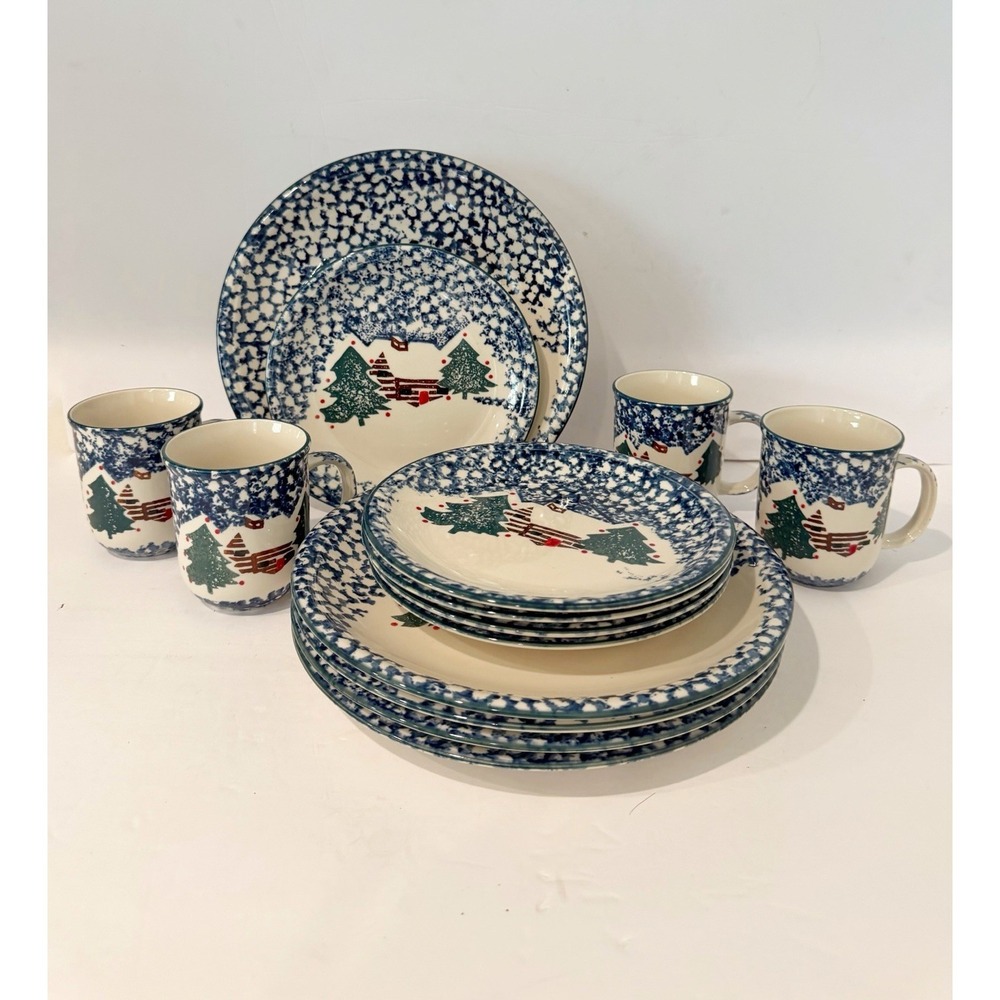 Tienshan Folk Craft Cabin in the Snow 14pc Collectible Y2K Plate Mug Rare Theme